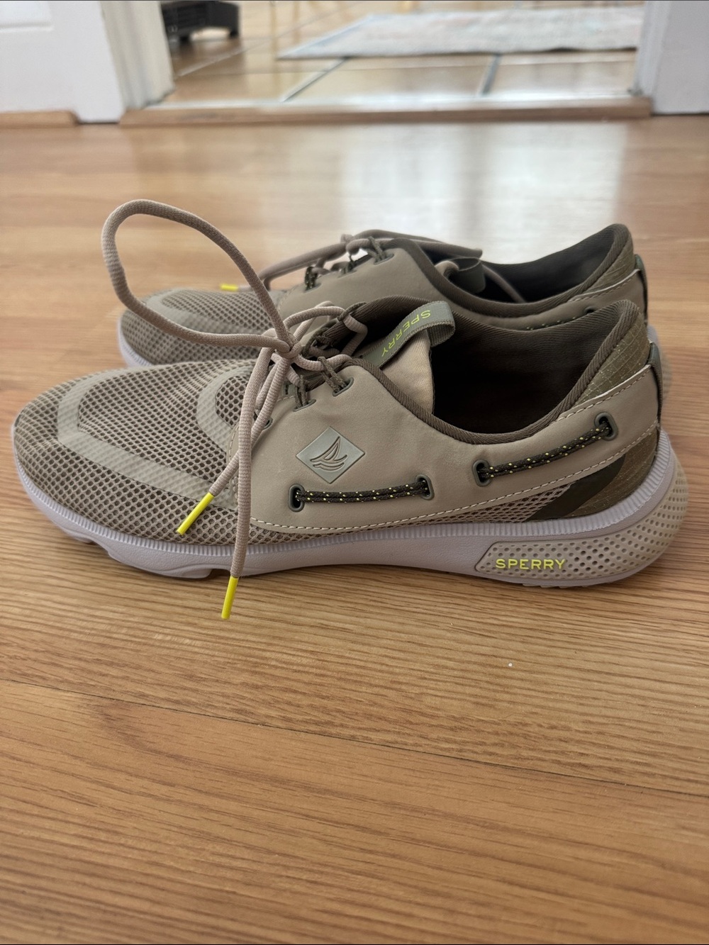 Sperry Taupe Mesh Boat Shoe with Yellow Accents